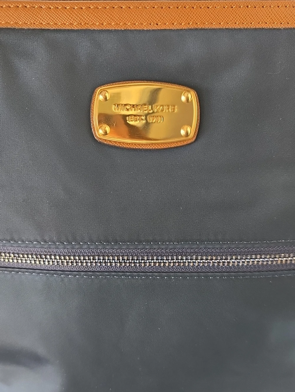 EUC Michael Kors Navy and Brown Leather-Trim Tote with Gold Plaque